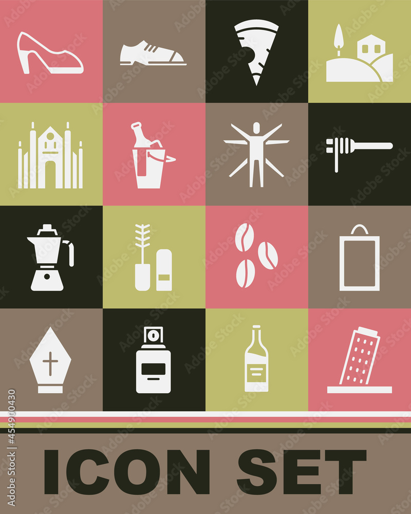 Set Tower in Pisa, Picture, Pasta spaghetti, Slice of pizza, Bottle wine bucket, Milan Cathedral, Woman shoe and Vitruvian Man icon. Vector Set Tower in Pisa, Picture, Pasta spaghetti, Slice of pizza, Bottle wine bucket, Milan Cathedral, Woman shoe and Vitruvian Man icon. Vector