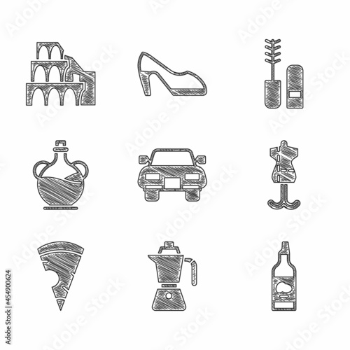 Set Car, Coffee moca pot, Bottle olive oil, Mannequin, Slice pizza, Mascara brush and Coliseum Rome icon. Vector