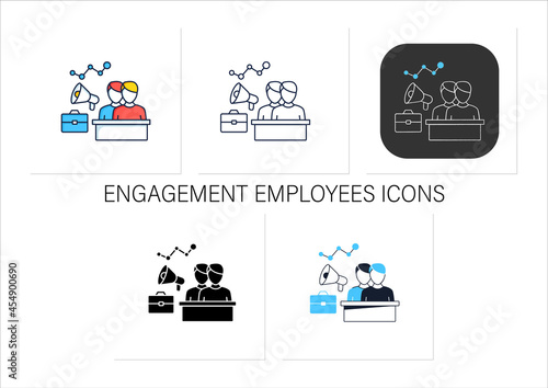 Engagement employees icons set.Mental, emotional connection employees. Teamwork. Attracting workers. Talent management.Collection of icons in linear, filled, color styles.Isolated vector illustrations