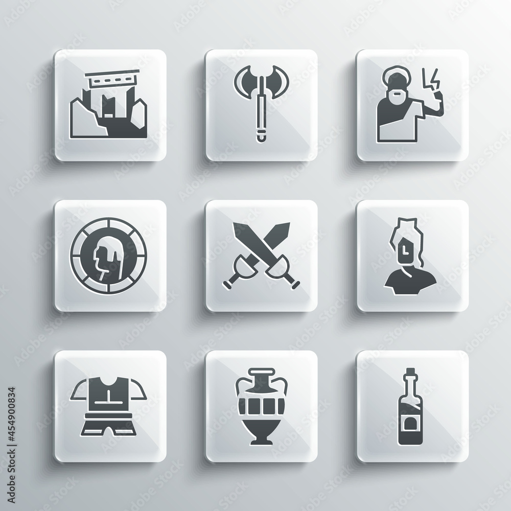 Set Ancient amphorae, Bottle of wine, bust sculpture, Crossed medieval sword, Body armor, Greek coin, ruins and Zeus icon. Vector Set Ancient amphorae, Bottle of wine, bust sculpture, Crossed medieval sword, Body armor, Greek coin, ruins and Zeus icon. Vector