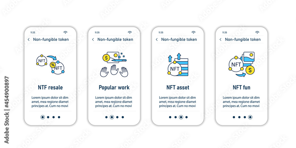 NFT onboarding mobile app screens. Non fungible token.Unique digital assets steps menu. Set of UI, UX, web template with RGB color linear icons