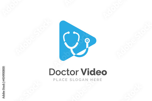 Stethoscope isolated on play button sign illustration. Doctor video logo design