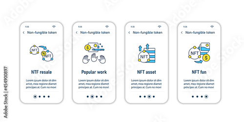 NFT onboarding mobile app screens. Non fungible token.Unique digital assets steps menu. Set of UI, UX, web template with RGB color linear icons