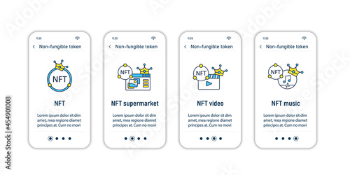 NFT onboarding mobile app screens. Non fungible token.Unique digital assets steps menu. Set of UI, UX, web template with RGB color linear icons