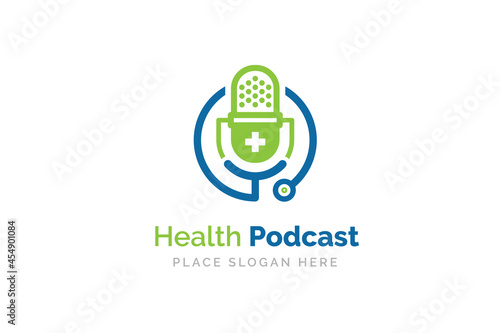 Medical podcast logo design. Stethoscope and microphone illustration symbol