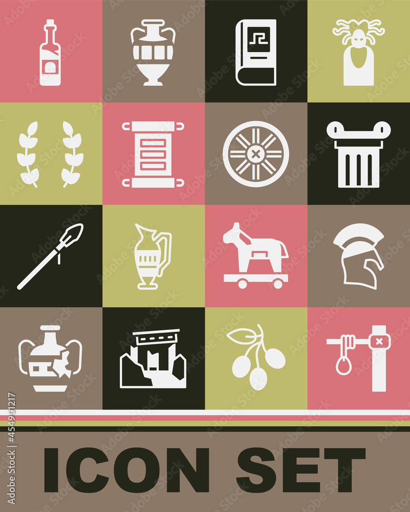 Set Gallows, Greek helmet, Ancient column, history book, Decree, parchment, scroll, Laurel wreath, Bottle of wine and Old wooden wheel icon. Vector Set Gallows, Greek helmet, Ancient column, history book, Decree, parchment, scroll, Laurel wreath, Bottle of wine and Old wooden wheel icon. Vector