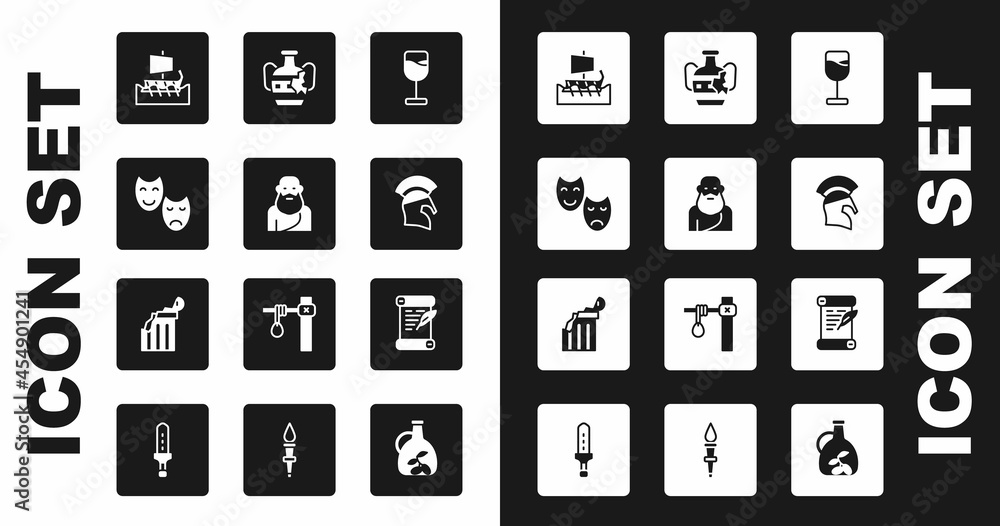 Set Wine glass, Socrates, Comedy and tragedy masks, Greek trireme, helmet, Broken amphorae, Decree, parchment, scroll and ancient column icon. Vector Set Wine glass, Socrates, Comedy and tragedy masks, Greek trireme, helmet, Broken amphorae, Decree, parchment, scroll and ancient column icon. Vector