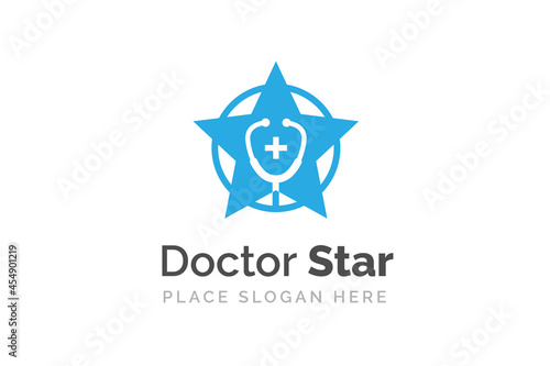 Stethoscope icon isolated on star shape symbol. Health and medicine logo template