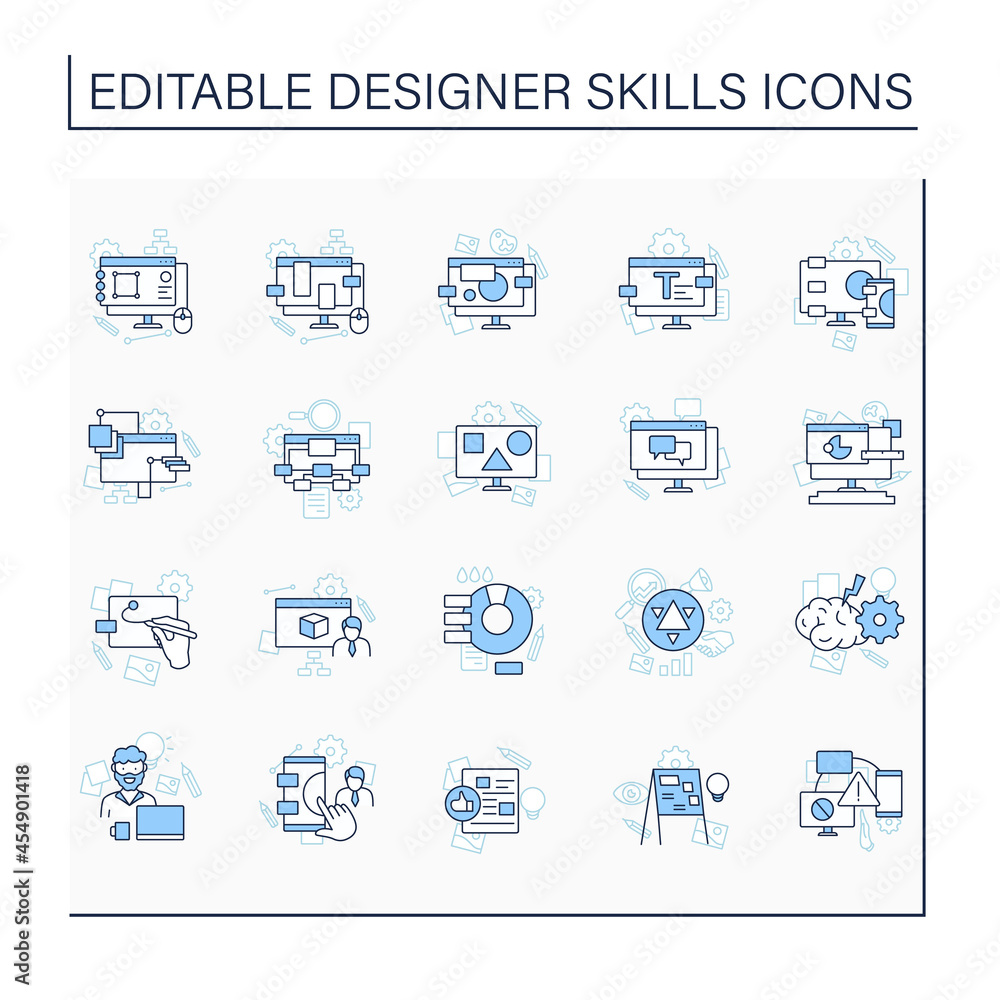 Designer skills line icons set. Create new projects, exchange, generate ideas.Interface design, optimize, sync tasks. Design concept. Isolated vector illustration. Editable stroke