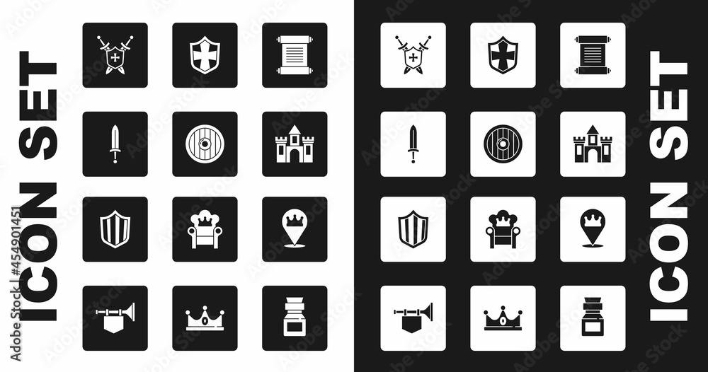 Set Decree, parchment, scroll, Round wooden shield, Medieval sword, with swords, Castle, fortress, Shield, Location king crown and icon. Vector