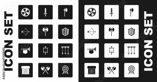 Set Medieval axe, bow and arrow, Round wooden shield, Shield, sword, Crossed arrows and Trumpet with flag icon. Vector