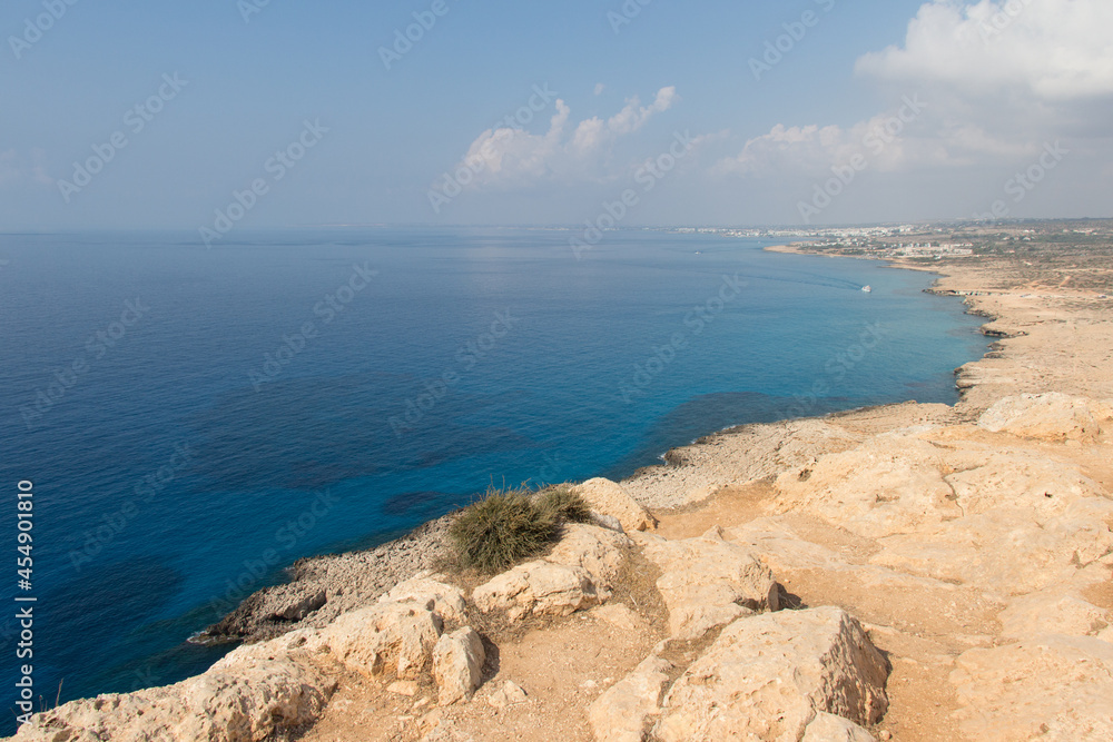 Aerial view of coastline around Cape Greco, Cyprus.