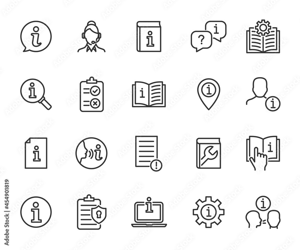 Vector set of information line icons. Contains icons instruction, privacy policy, info center, manual, rule, guide, reference, help and more. Pixel perfect. - obrazy, fototapety, plakaty 