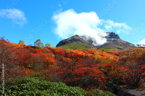 紅葉の茶臼岳（那須岳）。姥が平から噴煙噴きあがる那須岳を見上げる。