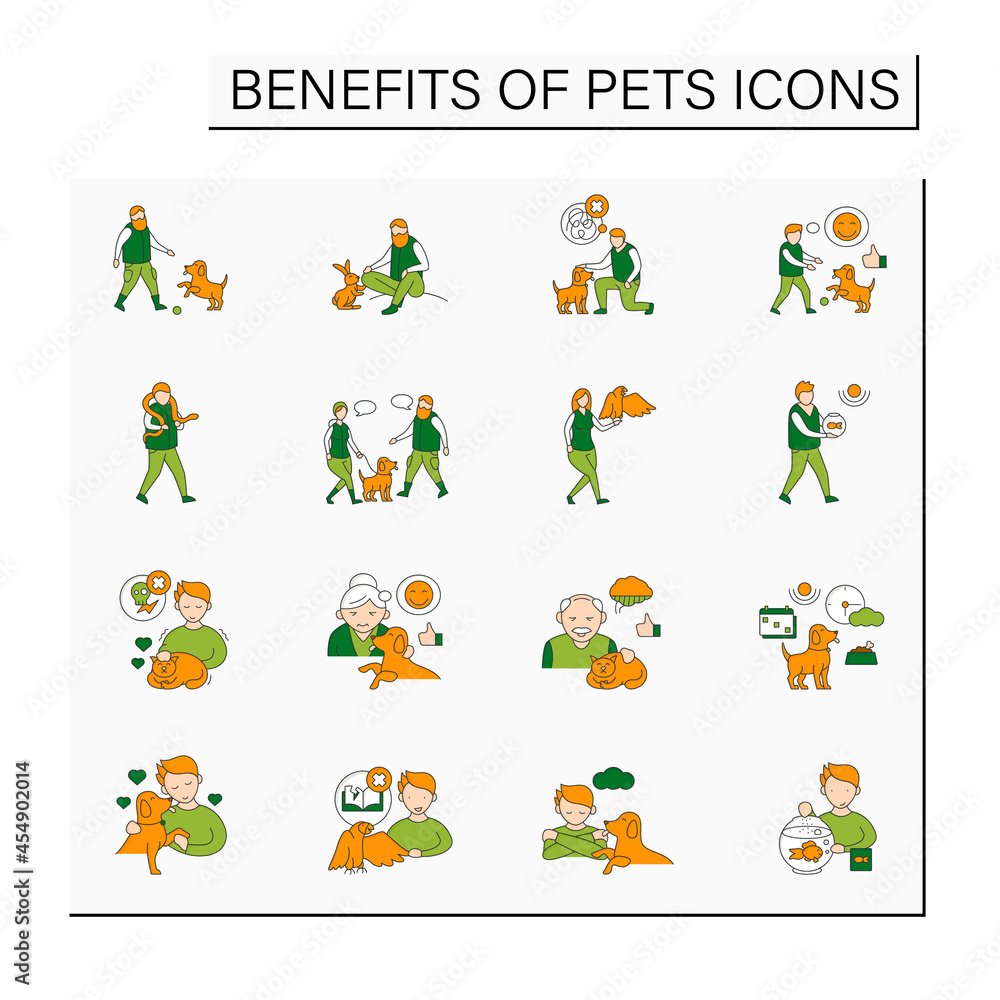 Pets benefits color icons set. Help relieve depression, anxiety, lower stress levels. Different pets.Animal caring concept. Isolated vector illustrations Pets benefits color icons set. Help relieve depression, anxiety, lower stress levels. Different pets.Animal caring concept. Isolated vector illustrations