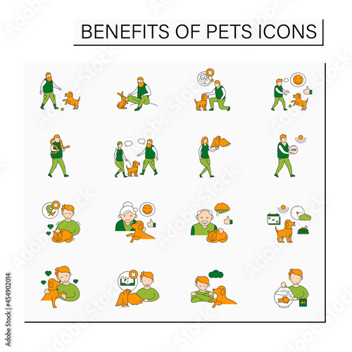 Pets benefits color icons set. Help relieve depression, anxiety, lower stress levels. Different pets.Animal caring concept. Isolated vector illustrations