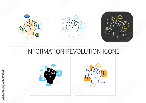 Information revolution icons set. Fist up. Saving, sharing info by computers.Digital transformation concept. Collection of icons in linear, filled, color styles.Isolated vector illustrations