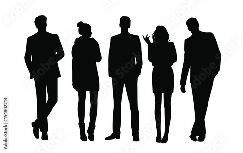 Vector silhouettes of  men and a women, a group of standing  business people, profile, black  color isolated on white background