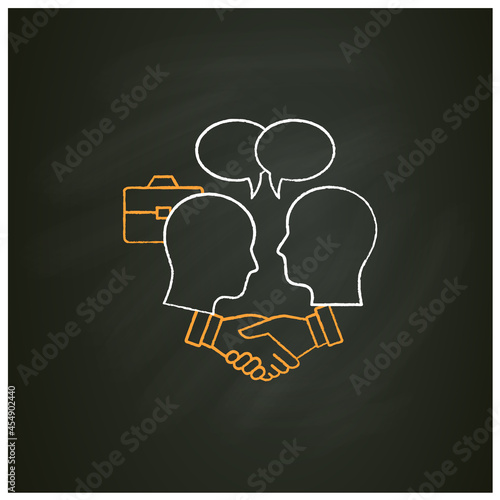 Negotiation chalk icon. Dispute resolution.Compromising. Successfully handles, resolves issues sensibly and fairly.Misunderstanding concept.Isolated vector illustration on chalkboard