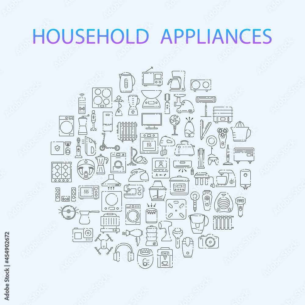 Household appliances outline icons set. Vector illustration for design. Refrigerator, microwave oven, air conditioner, stove, vacuum, mixer, coffee machine, meat grinder, heating system