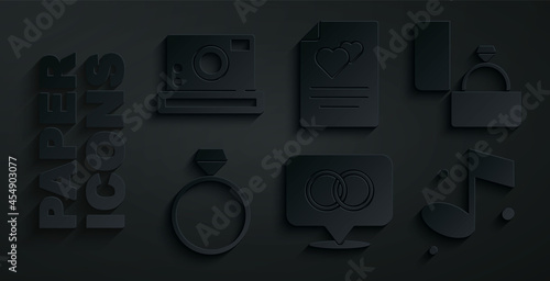 Set Wedding rings, Diamond engagement, Music note, Greeting card and Photo camera icon. Vector