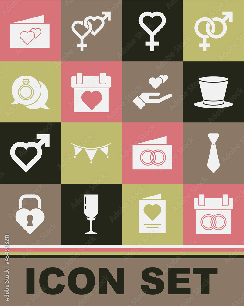 Set Calendar, Tie, Cylinder hat, Female gender symbol, Diamond engagement ring, Greeting card and Heart hand icon. Vector Set Calendar, Tie, Cylinder hat, Female gender symbol, Diamond engagement ring, Greeting card and Heart hand icon. Vector