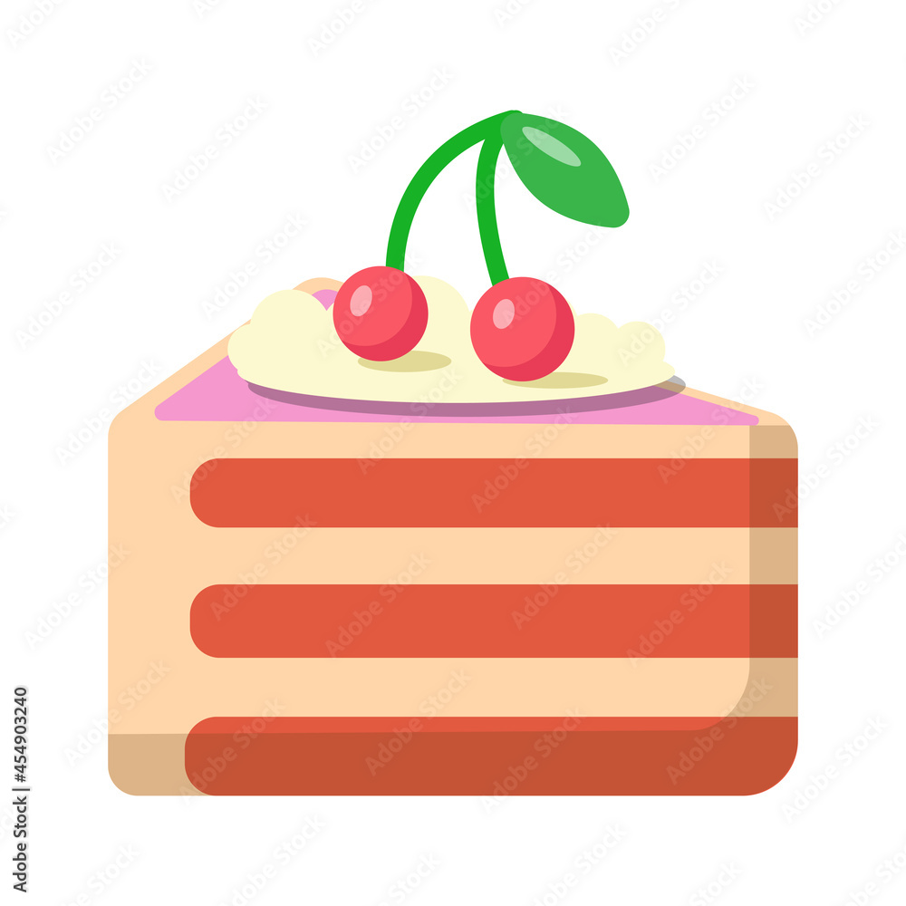 Cake slice with cream and cherries. Cute illustration in cartoon flat  style. Happy Birthday greeting card design element. Vanilla and chocolate  cake Stock Vector | Adobe Stock