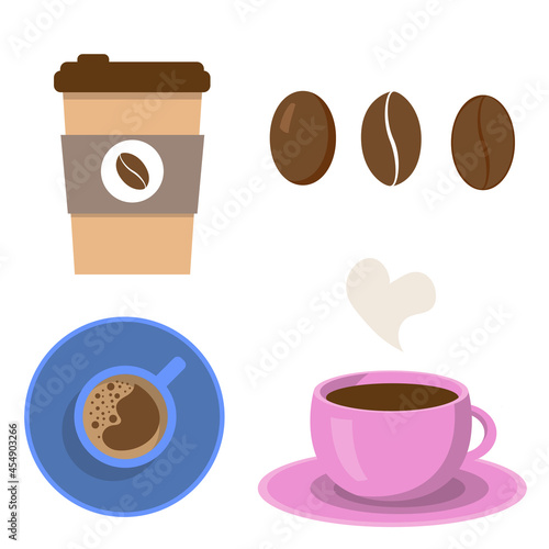 Set of different coffee cups with beans. Pink cup of coffee, above view and coffee to go. Vector illustration in cartoon flat style. Prints for coffee shops, supermarkets, textile, design and decor