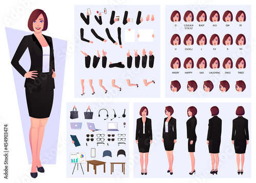 Business Woman Wearing Suit Character Constructor with Lip Sync, Emotions, and Hand Gestures