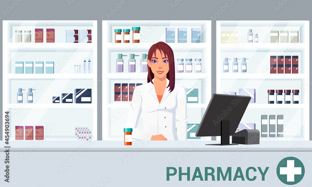Pharmacist Infront of Shelf in a Pharmacy Flat Cartoon Illustration Pharmacist Infront of Shelf in a Pharmacy Flat Cartoon Illustration