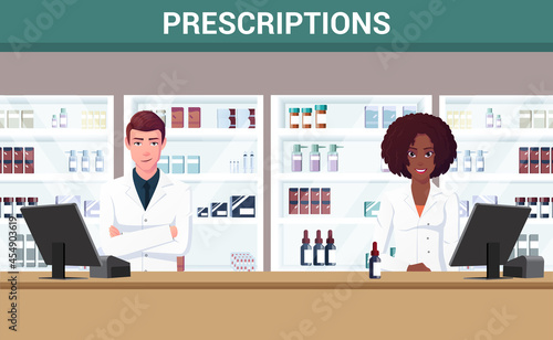 Male And Female Pharmacists Standing in front of Pharmacy Counter premium Vector