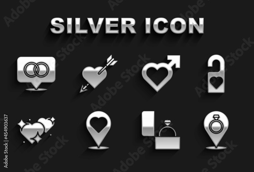 Set Location with heart, Please do not disturb, Wedding rings, Diamond engagement, Two Linked Hearts, male gender, and Amour and arrow icon. Vector