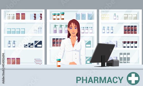 Pharmacist Infront of Shelf in a Pharmacy Flat Cartoon Illustration