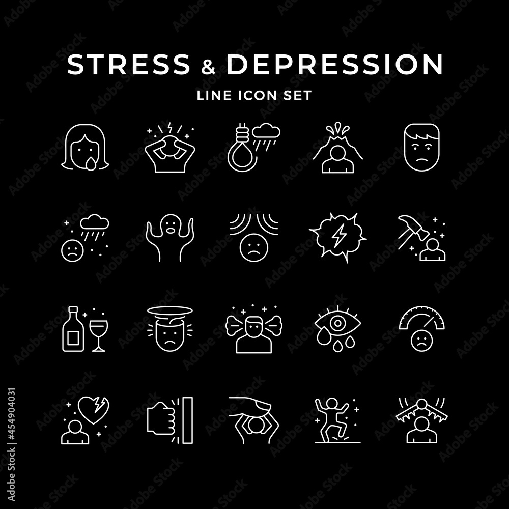 Set line icons of stress and depression