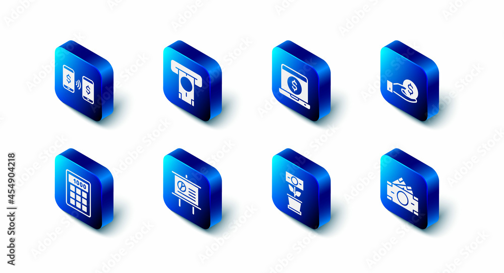 Set ATM and money, Laptop with dollar, Hand giving, Stacks paper cash, Money plant the pot, Chalkboard diagram, Calculator and payment transfer icon. Vector Set ATM and money, Laptop with dollar, Hand giving, Stacks paper cash, Money plant the pot, Chalkboard diagram, Calculator and payment transfer icon. Vector