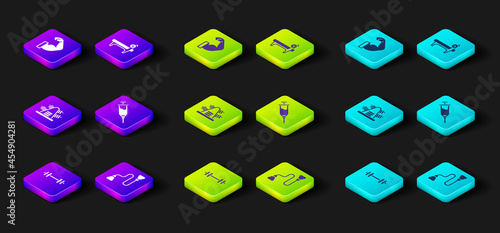 Set Barbell, Chest expander, Metal rack with weights, Doping syringe, Bench barbel and Bodybuilder muscle icon. Vector