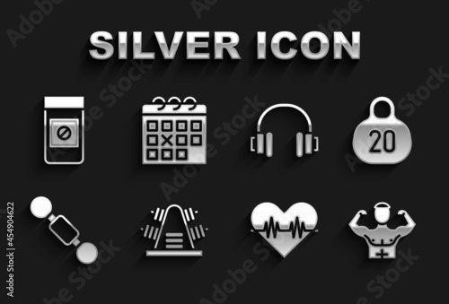 Set Metal rack with weights, Kettlebell, Bodybuilder muscle, Heart rate, Dumbbell, Headphones, Anabolic drugs and Calendar fitness icon. Vector