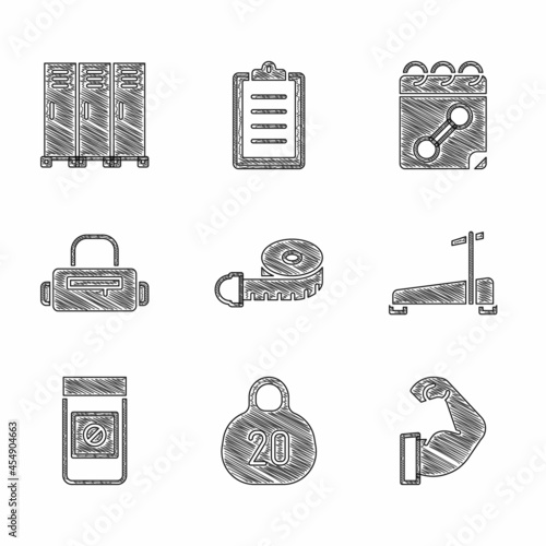 Set Tape measure, Kettlebell, Bodybuilder muscle, Treadmill machine, Anabolic drugs, Sport bag, Calendar fitness and Locker changing room icon. Vector