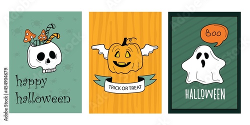 Greeting cards, or posters Set, cutest pumpkin, candy in the skull, good ghost. Design template for advertising, web, social media. Halloween Happy holiday. Vector illustration.