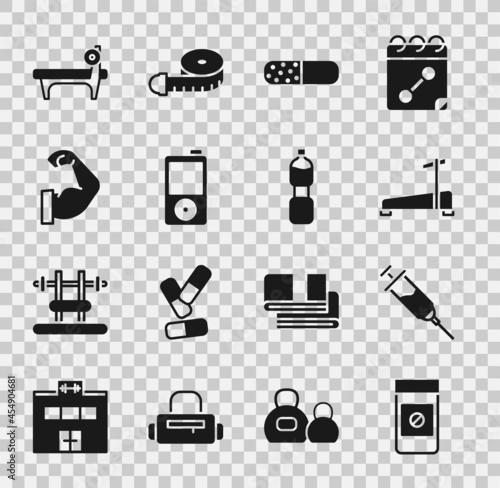 Set Anabolic drugs, Doping syringe, Treadmill machine, Vitamin pill, Music player, Bodybuilder muscle, Bench with barbel and Bottle of water icon. Vector