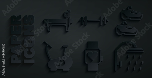 Set Smart watch, Sport sneakers, Stationary bicycle, Shower head, Barbell and Bench with barbel icon. Vector