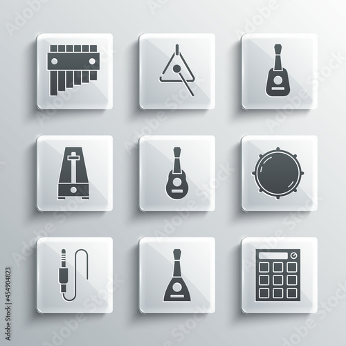 Set Balalaika, Drum machine, Dial knob level, Guitar, Audio jack, Metronome with pendulum, Pan flute and icon. Vector