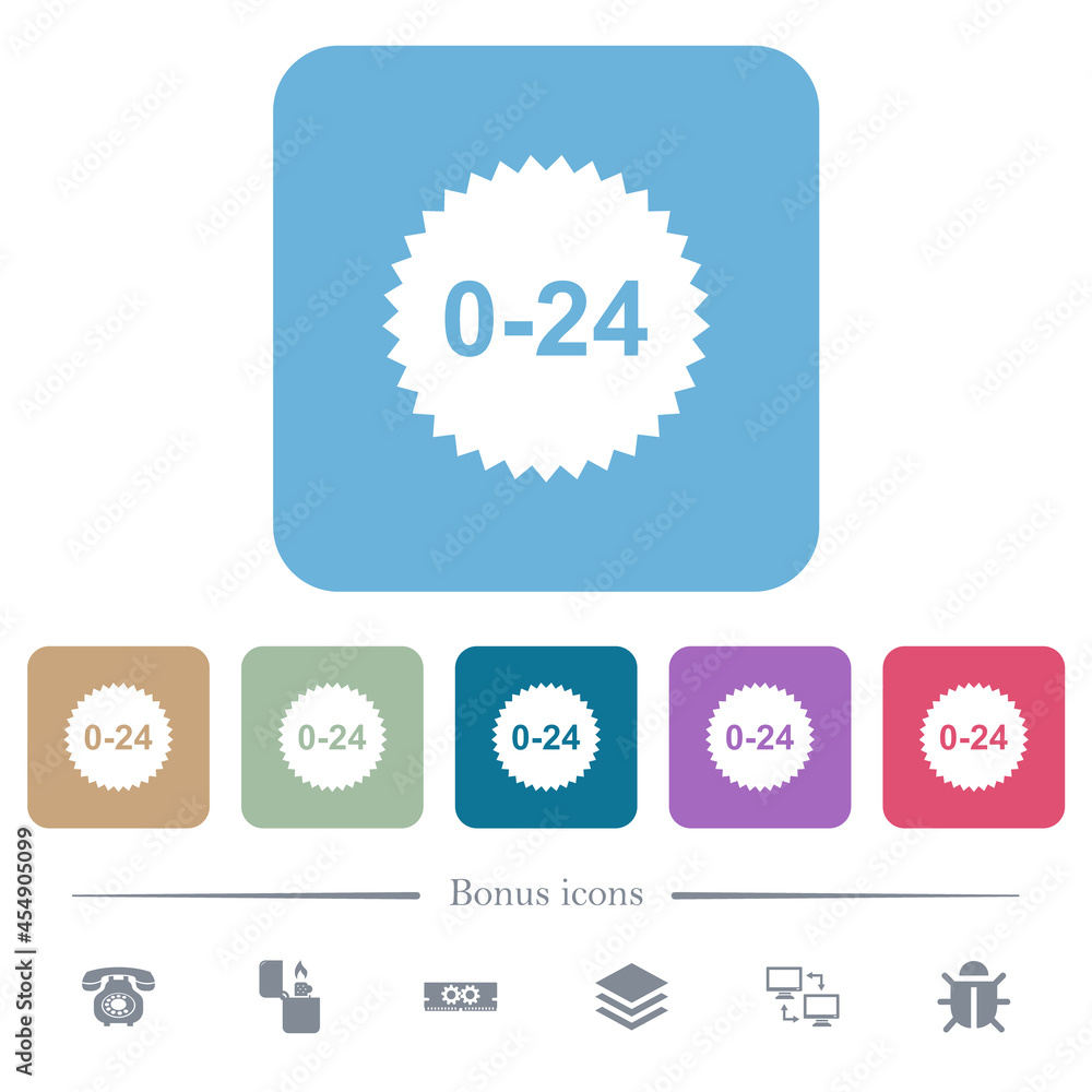 Fototapeta premium 24 hours sticker flat icons on color rounded square backgrounds