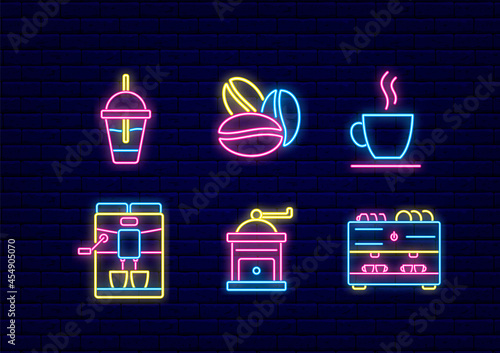 Barista coffee equipment neon light icon set. Barista machine and manual grinder. Beans and cup. Vector illustration