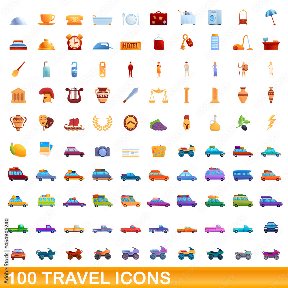Naklejka premium 100 travel icons set. Cartoon illustration of 100 travel icons vector set isolated on white background
