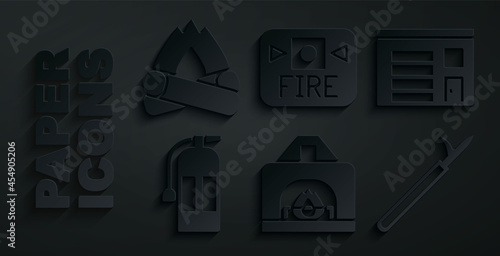 Set Interior fireplace, Building of station, Fire extinguisher, Metal pike pole, alarm system and Campfire icon. Vector