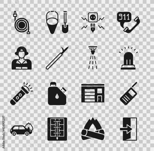 Set Fire exit, Walkie talkie, Ringing alarm bell, Electricity spark, Metal pike pole, Firefighter, hose reel and sprinkler icon. Vector