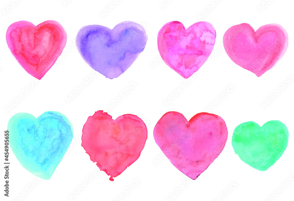 A collection of colored drawings of hearts of different shapes. The watercolor drawing vector is isolated on a white background. Watercolor backgrounds and textures.