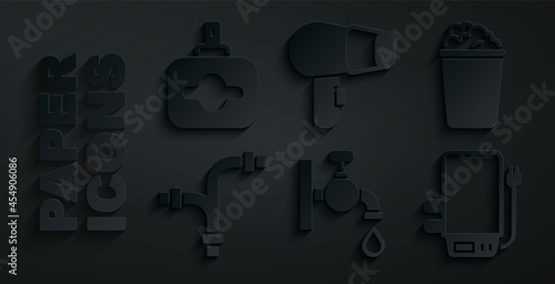 Set Water tap, Bucket with soap suds, Industry metallic pipe, Electric boiler, Hair dryer and Perfume icon. Vector