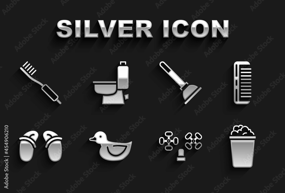 Set Rubber duck, Hairbrush, Bucket with soap suds, Water tap, Flip flops, plunger, Toothbrush and Toilet bowl icon. Vector Set Rubber duck, Hairbrush, Bucket with soap suds, Water tap, Flip flops, plunger, Toothbrush and Toilet bowl icon. Vector